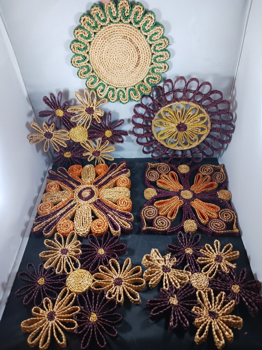 7pcs Wicker Rattan Hot Pads Trivets Wall Decor Boho MCM Retro Style